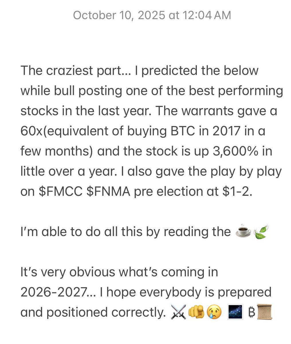 The craziest part… I predicted the below while bull posting one of the best performing stocks in the last year. The warrants gave a 60x(equivalent of buying BTC in 2017 in a few months) and the stock is up 3,600% in little over a year. I also gave the play by play on $FMCC $FNMA