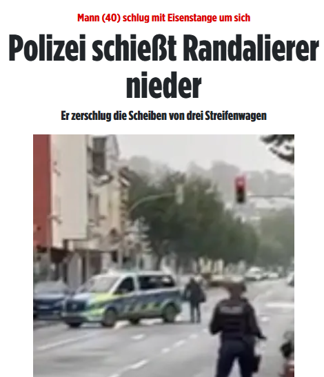 #Arnsberg: Mann mit Eisenstange schlägt auf Autos und Scheiben ein! Als die Polizei eintrifft, zerstörte der Albaner (40, dt Staatsangeh) gerade die Scheibe einer Bankfiliale. Er ging auf die Beamten los und zerstörte die Scheiben dreier Streifenwagen. bild.de/regional/nordr…