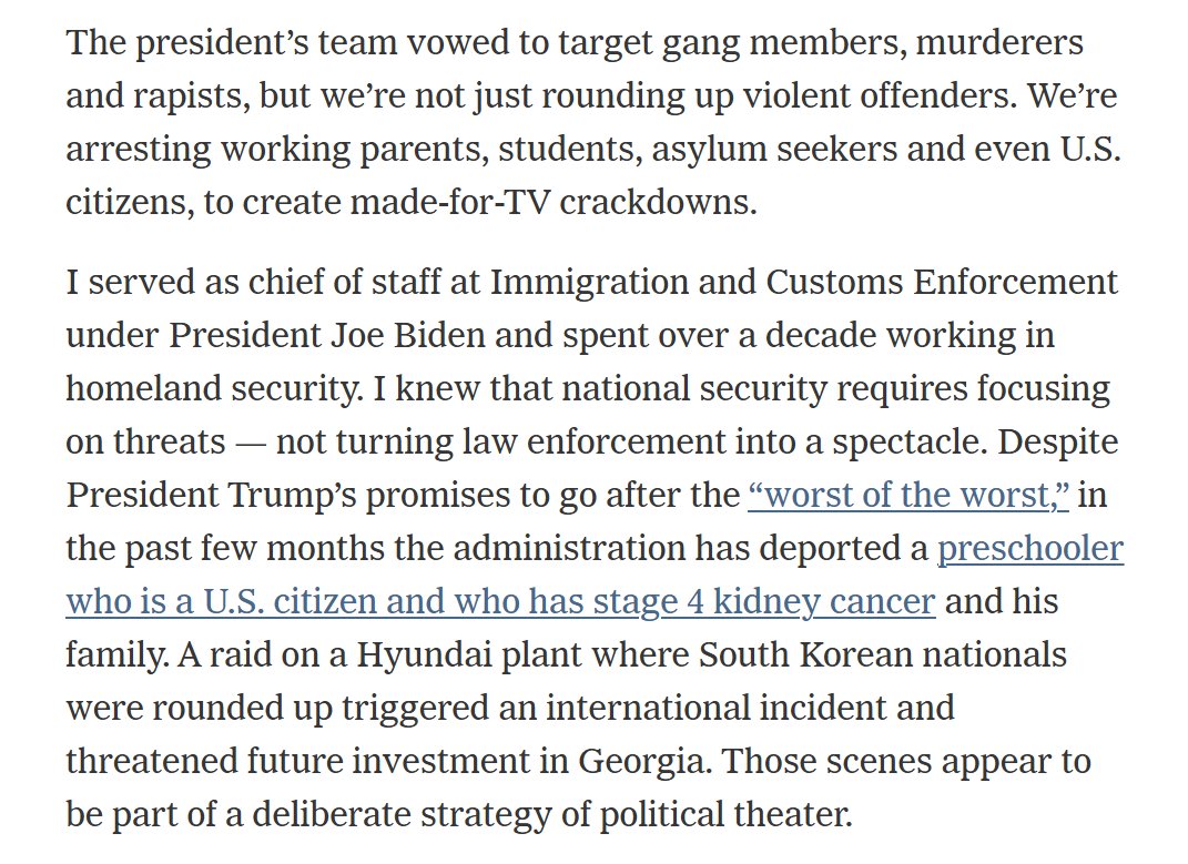 Great op-ed: "[W]e’re not just rounding up violent offenders. We’re arresting working parents, students, asylum seekers and even U.S. citizens, to create made-for-TV crackdowns. ... [N]ational security requires focusing on threats — not turning law enforcement into a spectacle."