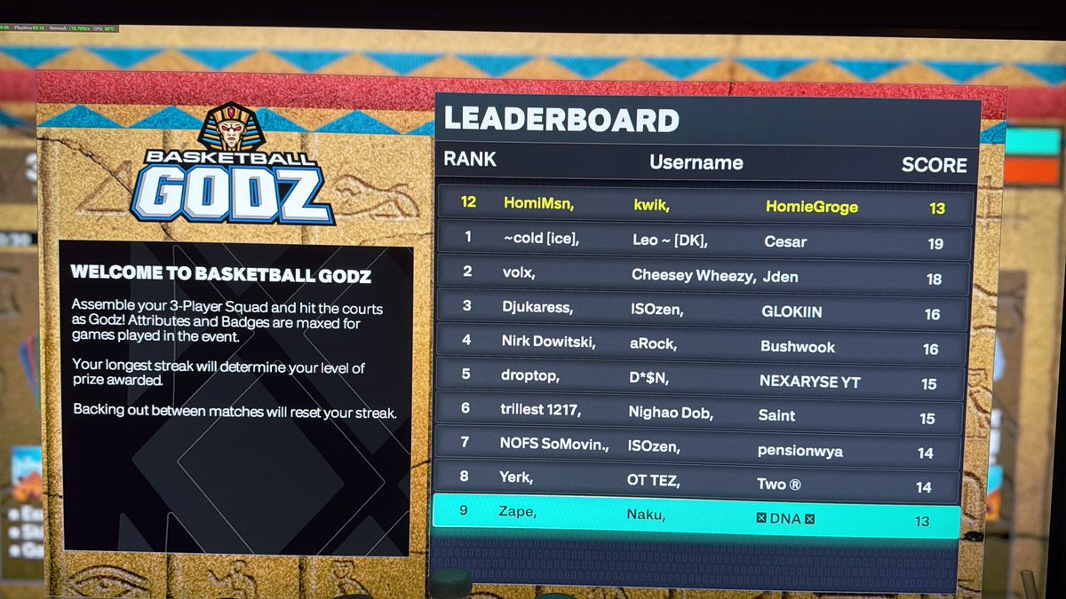 Hey <a href="/Ronnie2K/">Ronnie 2K 2K26</a> I was on a 13 game win streak in Basketball Godz on 2K26 PC last night with two friends. While searching for our 14th game we ran into the "unable to connect" error and lost our streak. Here's the current leaderboard for PC
<a href="/2KSupport/">2K Support</a> <a href="/NBA2K/">NBA 2K</a> <a href="/Beluba/">Mike Wang</a>
