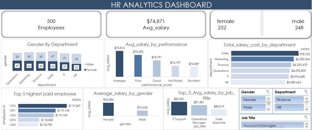 Omolope16's tweet image. Just wrapped up an HR Analytics Dashboard project in Excel 🎉
I wanted to explore how data can help organizations understand their people better — from salaries and performance to gender balance and tenure.
Here’s what I discovered 👇
#DataAnalytics #HRAnalytics #ExcelDashboard