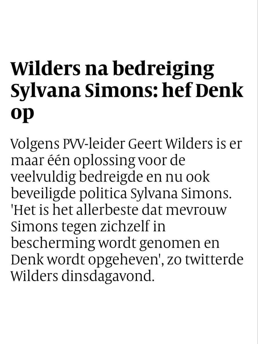 Deze week is <a href="/geertwilderspvv/">Geert Wilders</a> bedreigd. Zou hij nu vinden dat hij “tegen zichzelf in bescherming” moet worden genomen en de #PVV moet opheffen? 
Geen idee waarom ik eraan moest denken. Vast toeval.