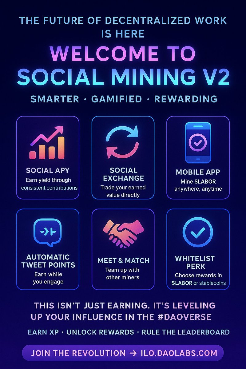 princebrymoly24's tweet photo. Tweet 1 
 The Future of Decentralized Work is HERE.
Introducing #SocialMiningV2 — the gamified, smarter, and mobile-first way to earn in the #DAOVERSE 

👉 You don’t just mine tokens — you build your influence and get rewarded for it.
🔗 https://t.co/BSFWK8YSWG https://t.co/g52cyKYL2i