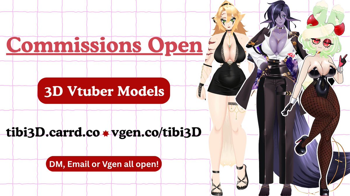 『↻+♡ Appreciated!』 

Opening up a few slots for 3D Vtuber Model Commissions! 

Info can be found here: tibi3d.carrd.co !
I'm also on Vgen:  vgen.co/Tibi3D !

DM are open for any questions or inquiries! 

#vtuber #vgen