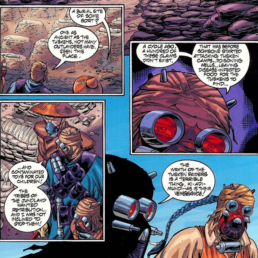 Kerrcarr01's tweet image. Sometimes you wonder why Tusken Raiders are so aggressive then you remember that outsiders purposely leave poisoned food and children’s toys to kill them then go “oh, yeah, right”