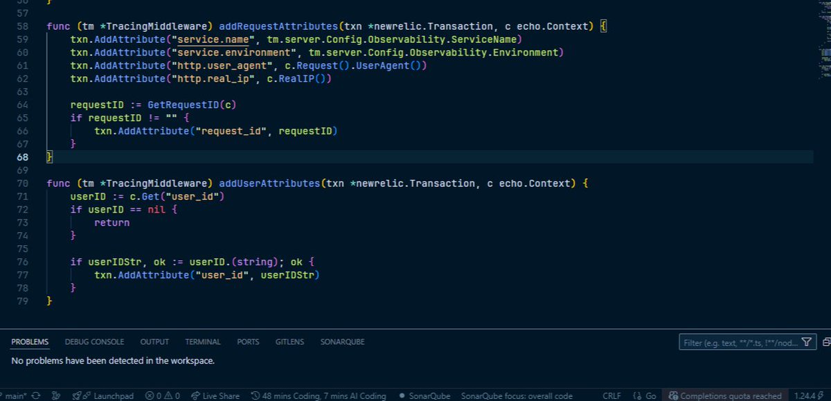 pip_script's tweet image. I implemented distributed tracing for my service.
- Used dependency injection
- If New Relic isn't configured, we fail gracefully with a no-op middleware. This ensures that my application continues to function even if observability services are unavailable.