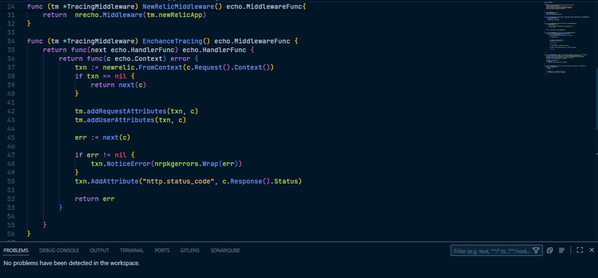 pip_script's tweet image. I implemented distributed tracing for my service.
- Used dependency injection
- If New Relic isn't configured, we fail gracefully with a no-op middleware. This ensures that my application continues to function even if observability services are unavailable.