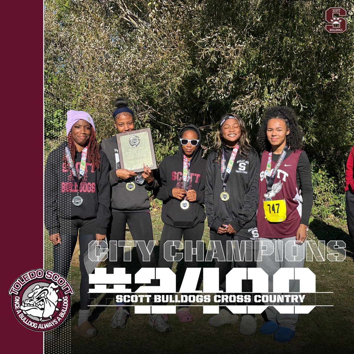 🏆🐾 For the FIRST time in school history!!! 🐾🏆

Your City League Cross Country Champions… THE SCOTT BULLDOGS!!! 💪🏾🔥

India Porter 
Amirah Hunter 
Miyah Griggs 
Naleenah Clark 
Mariyah Griggs 

#BulldogPride #HistoryMade #CityChamps  🖤🤍
