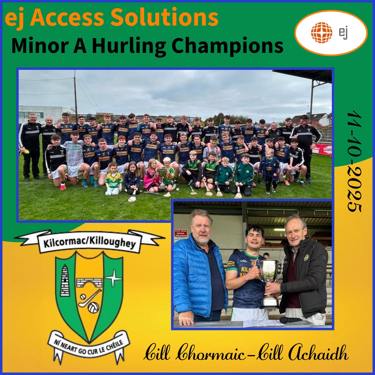 Offaly_GAA's tweet photo. 𝙚𝙟 𝘼𝙘𝙘𝙚𝙨𝙨 𝙎𝙤𝙡𝙪𝙩𝙞𝙤𝙣𝙨 𝙈𝙞𝙣𝙤𝙧 𝘼 𝙃𝙪𝙧𝙡𝙞𝙣𝙜 𝘾𝙝𝙖𝙢𝙥𝙞𝙤𝙣𝙨𝙝𝙞𝙥 𝙁𝙞𝙣𝙖𝙡 

Comhghairdeas to Kilcormac/Killoughey on capturing the EJ Access Solutions Minor A Hurling Championship title earlier today with a fine victory over a spirited Birr side. The Double K’s showed their class and strength throughout, running out comfortable winners in the end. This triumph marks their remarkable seventh minor title in the past eight years. 

Captain Michael Kelly proudly accepted the cup from Offaly GAA Planning and Training Officer Joe Cleary and EJ Access Solutions Managing Director and Offaly hurling legend Daithi Regan.

Congratulations lads from all @Offaly_GAA