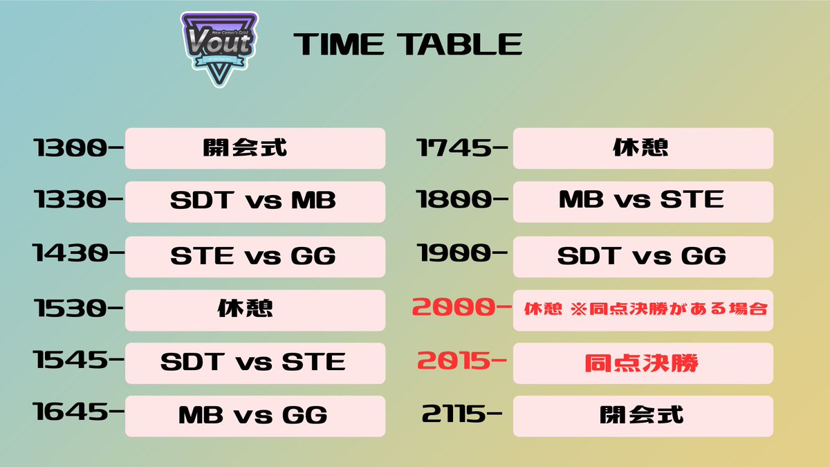 vout_ncg's tweet photo. 【大会告知】
1st Voutncg LOL custom　タイムテーブル発表！

※試合状況によって変動する可能性もございます
ご了承ください。 https://t.co/Lw5IdRMfAd