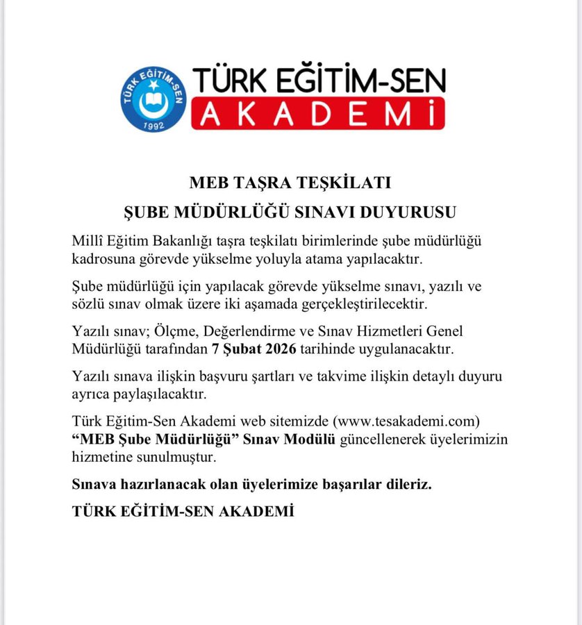 Poster with Turk Egitim Sen logo and academy branding at top, text announcing MEB branch directorate exam details including two-stage process with written exam on February 7 2026 by Measurement Evaluation and Exam Services General Directorate, updated module on tesakademi.com website for members preparation, and success wishes.