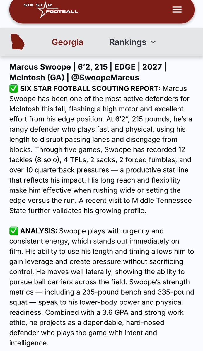 I'm blessed to be recognized by <a href="/sixstarfootball/">Six Star Football | PLUS+</a>! Thank you for the scouting report!!
<a href="/chowan6464/">Derek Smith</a>
<a href="/CoachJBlack/">Coach Black 🏈</a>
<a href="/RecruitGeorgia/">Recruit Georgia</a>
<a href="/RecruitMcintosh/">Mcintosh Football</a>
<a href="/247recruiting/">247Sports Recruiting</a>