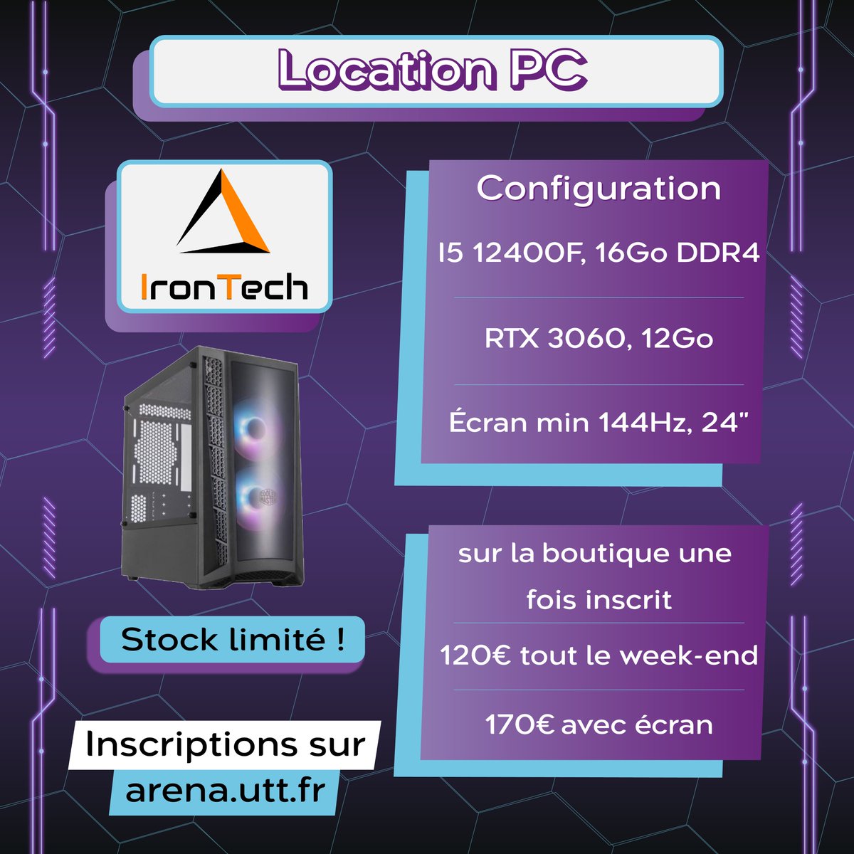 UTTArena's tweet image. Grâce à nos amis de chez Irontech, nous vous proposons de la location de PC pour l&apos;UA 25
- Configuration sur le visuel
- Location dispo sur la boutique une fois l&apos;équipe inscrite.
- 120€ sans écran, 170€ avec
Stock limité, dépêchez vous !