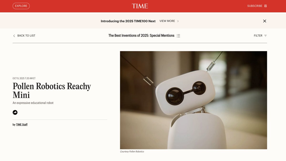 ClementDelangue's tweet image. So proud to see Reachy Mini named one of the Best Inventions of 2025 by @TIME!

Huge credit to the @pollenrobotics and @huggingface teams, turning a concept into thousands of units sold and shipped in under 6 months.

We might not be as slick as some other robotics companies (we…