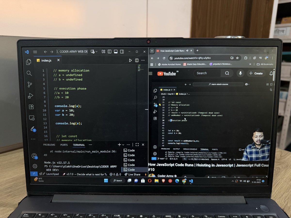 codewithpri's tweet image. Day 24 of WEB DEVELOPMENT ✅
Learned about how data is stored in Javascript and how it runs, concept of hoisting and everything. 🥰
Very informative lecture :)
@rohit_negi9
#100DaysOfCode #100xDevs