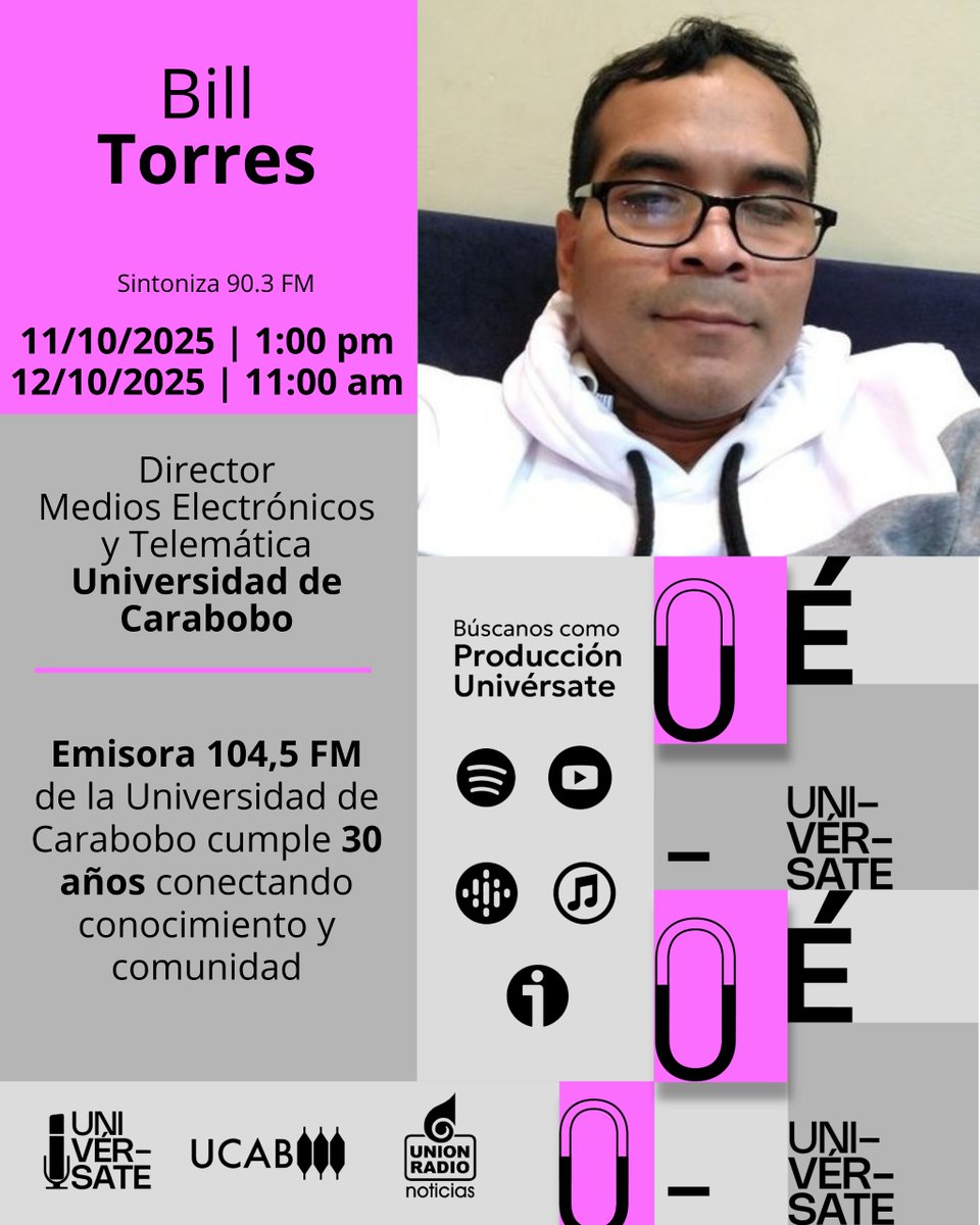 Radio Universitaria 104,5 FM: tres décadas de cultura y conocimiento. Sobre esto nos hablará en breve el profesor Bill Torres, director de la <a href="/FM_UC/">Radio Universitaria FMUC 104,5</a>.

Escúchanos por: 
📻 90.3 FM (Caracas) 
💻 mundour.com/live-urn