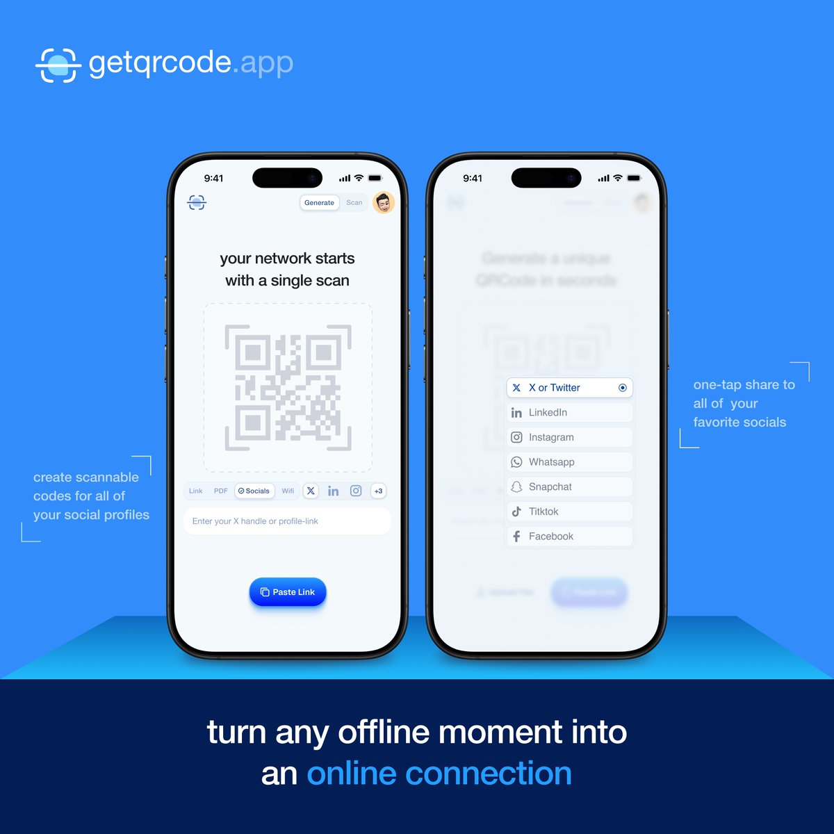 getqrcode's tweet image. why wait to be found when you can be scanned?
Wether it is at a party, event or conference, people may not remember your username - But they will remember how easy it was to scan your code and follow you.
This turns any offline moment into an online connection.