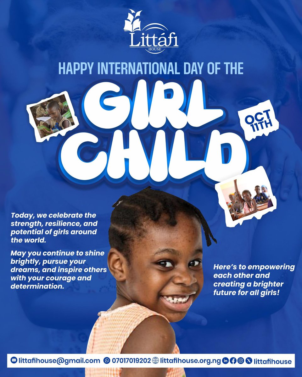 Littafihouse's tweet photo. On #InternationalDayOfTheGirlChild!
Girls are leaders, changemakers &amp; gamechangers in every community! 
Let's empower them to thrive &amp; lead.

This year's theme: "The Girl I Am, the Change I Lead,"  emphasises our message clearly. 
#littafihouse
#InternationalDayOfTheGirlChild https://t.co/5gFUquBeYX