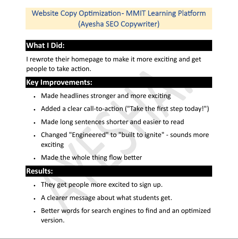 CopywithAyesha's tweet image. I rewrote MMIT&apos;s homepage.
BEFORE: Technical. Robotic. Forgettable.
AFTER:  Emotional. Human. Memorable.
One talks AT people. The other talks TO them.
Your homepage is a conversation, not a brochure.
DM if you need a copy that converts.

#Conversion 
#copywriting