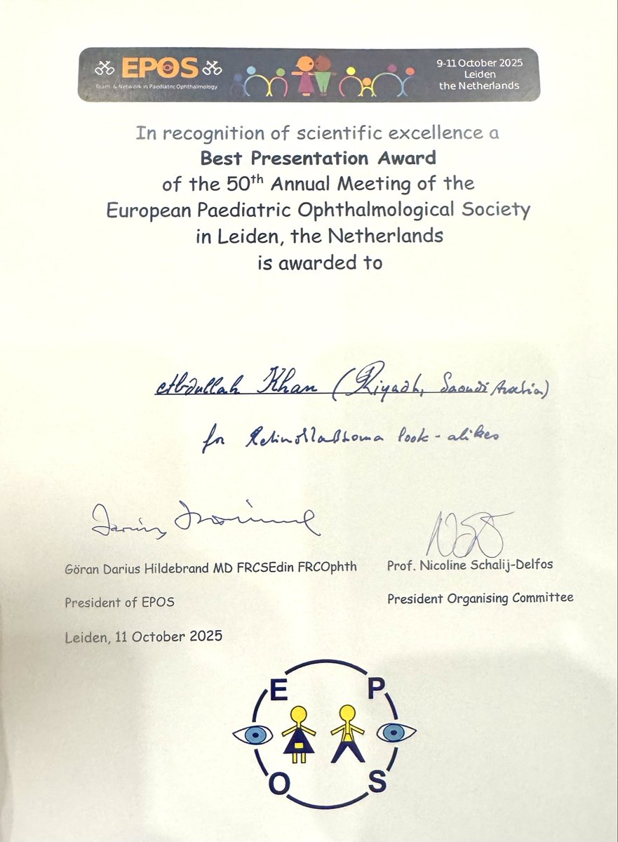 DrAbdullahK's tweet image. ولله الحمد حصلت على جائزة أفضل عرض تقديمي في المؤتمر الأوروبي الخمسون لطب عيون الأطفال #EPOS . 

أشكر المنظمين في المؤتمر وأشكر دعم #مستشفى_الملك_خالد_التخصصي_للعيون لحضور هذه المحافل العلمية وحرصه على تطوير كوادره وتمثيل المستشفى في المجتمعات العلمية الدولية 
@KKESHKSA