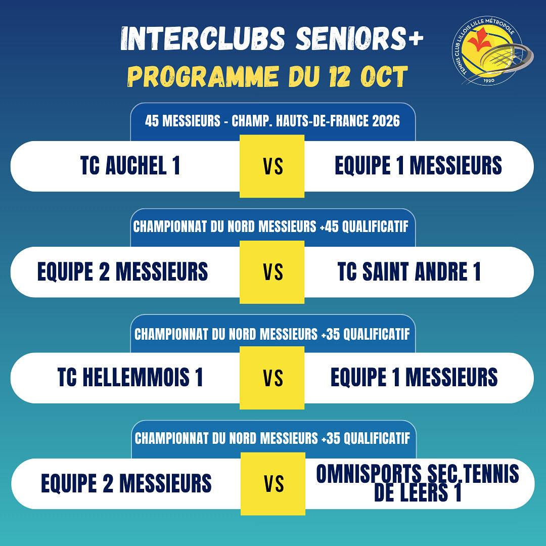 INTERCLUBS : PROGRAMME DU DIMANCHE 12 OCTOBRE

📅 4 de nos équipes seniors + seront sur le pont ce dimanche 12 octobre

Souhaitons leur plein succès lors de leurs rencontres 💪