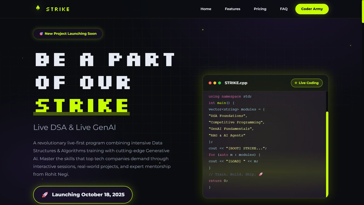 ZuhaibHanfi's tweet image. My project for the Coder Army HTML &amp;amp; CSS Hackathon :)
Here’s the landing page I built for STRIKE
♟️strikebycoderarmy.vercel.app

Didn’t get to give it my full attention because of mid sems, but still happy with how it turned out &amp;gt;_&amp;lt;
#STRIKEClone #HTMLCSSOnly #WebClone #CSSChallenge