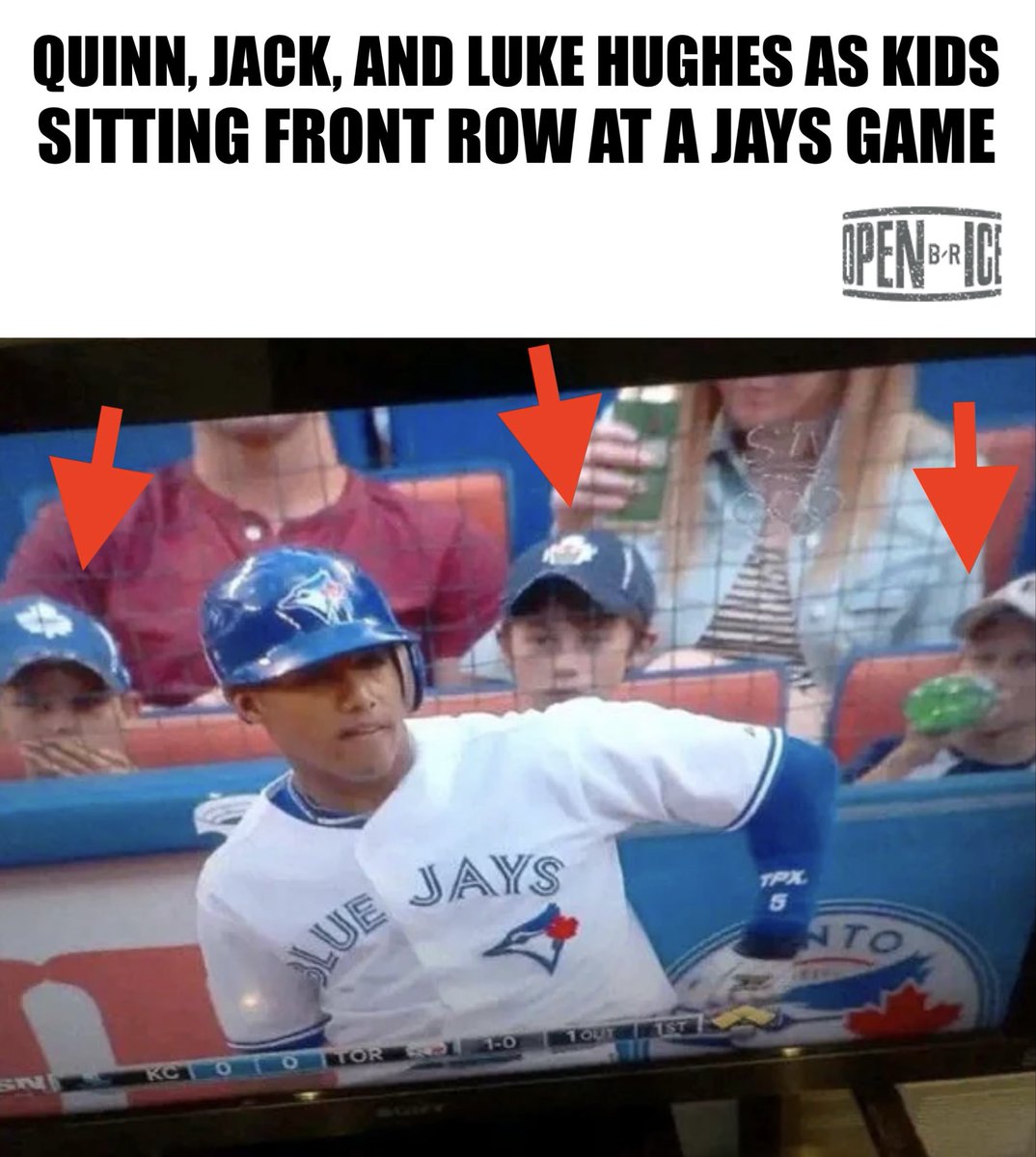 BR_OpenIce's tweet image. A photo of all 3 Hughes brothers as kids sitting front row at a Blue Jays game popped up on Reddit 🤯

(h/t u/yooooooo5774)