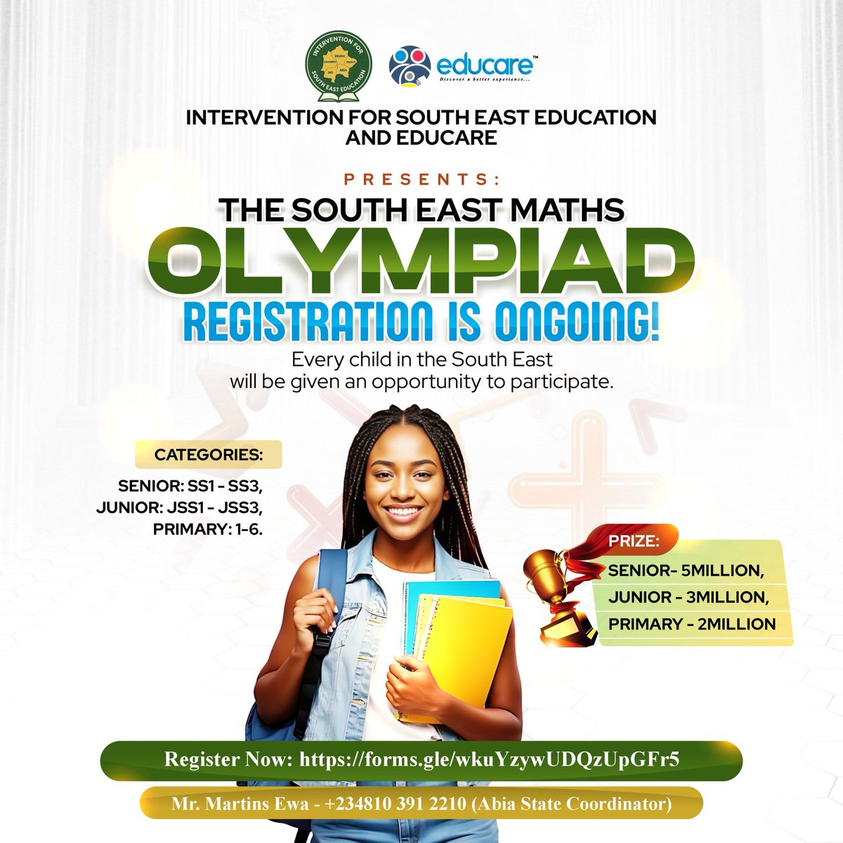 winexviv's tweet image. Registration for South East Maths Olympiad is ongoing.

We have cordinators in all 5 states.

This is for Abia State and I will share for the other states in the thread.

Please encourage every child to register and participate. It’s FREE

The future will be exciting in SE.