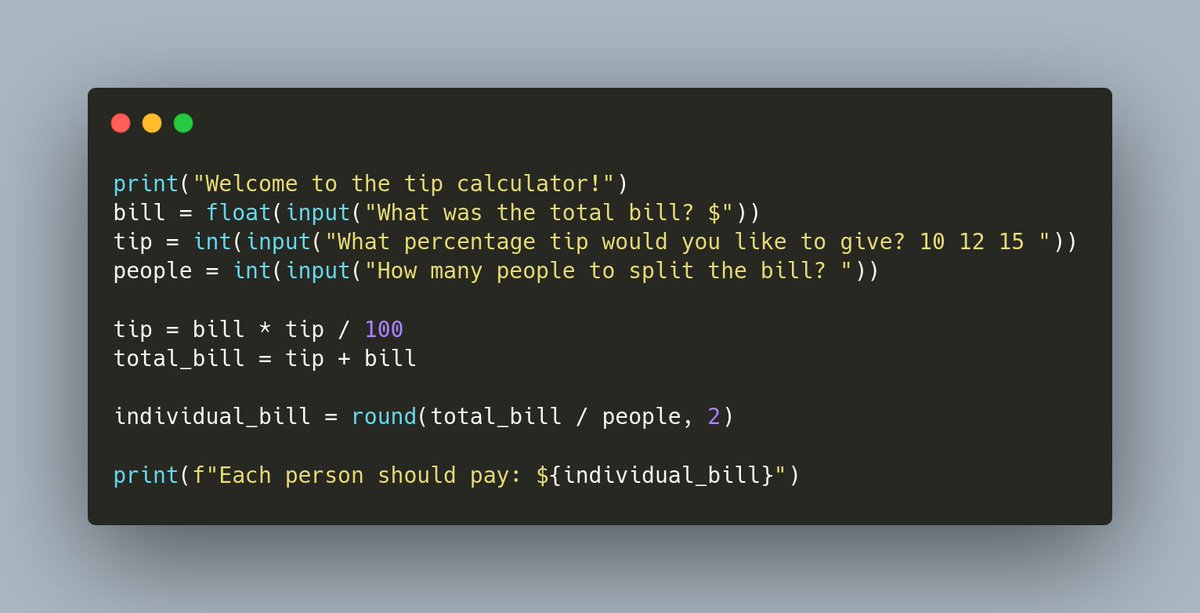 muyiwa_dev's tweet image. Day2: 100 Days of Code: The complete python Pro Bootcamp by Angela Yu.
Project: A CLI Tip Calculator
first slide - Python
second slide - Go
third slide - Typescript
it's mind boggling how easy it is to write python.