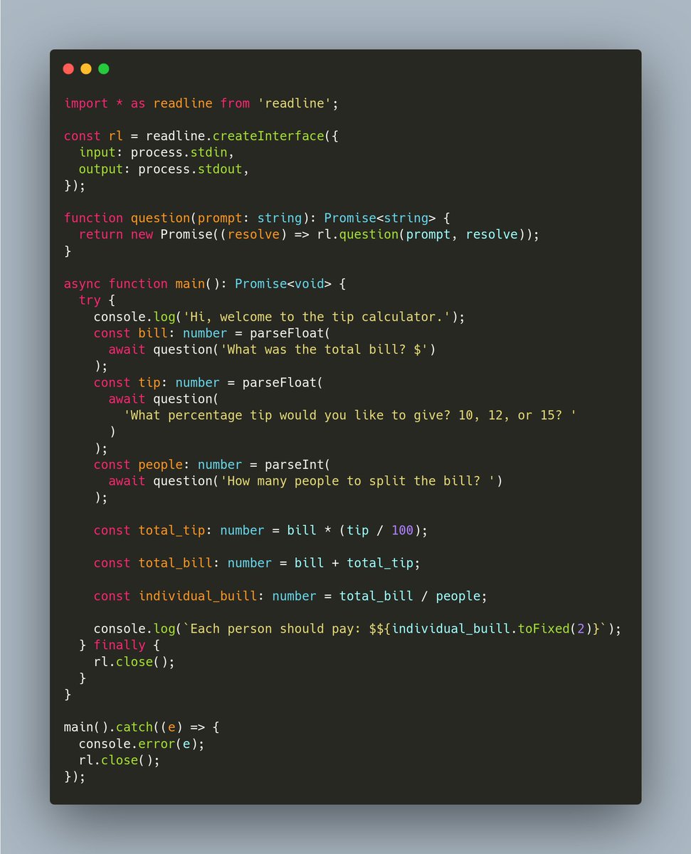 muyiwa_dev's tweet image. Day2: 100 Days of Code: The complete python Pro Bootcamp by Angela Yu.
Project: A CLI Tip Calculator
first slide - Python
second slide - Go
third slide - Typescript
it's mind boggling how easy it is to write python.