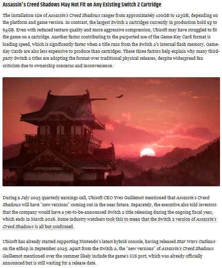 gaming_36050192's tweet image. #AssassinCreed Shadows Switch 2 Version Leaks Online

A Switch 2 version of Assassin&apos;s Creed Shadows has leaked online having been spotted in a premature retailer listing The development adds to the growing list of evidence suggesting Assassin&apos;s Creed Shadows will soon be making