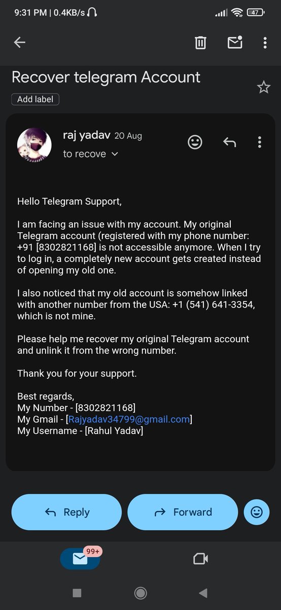rahul_yadav_71's tweet image. My number +91 8302821168 got banned by mistake and was linked with another number (+1 541 641 3354) that’s not mine.

I’ve emailed recover@telegram.org many times but got no reply.
Please help me unban and recover my account.

Proof attached below

#TelegramHelp #TelegramSupport