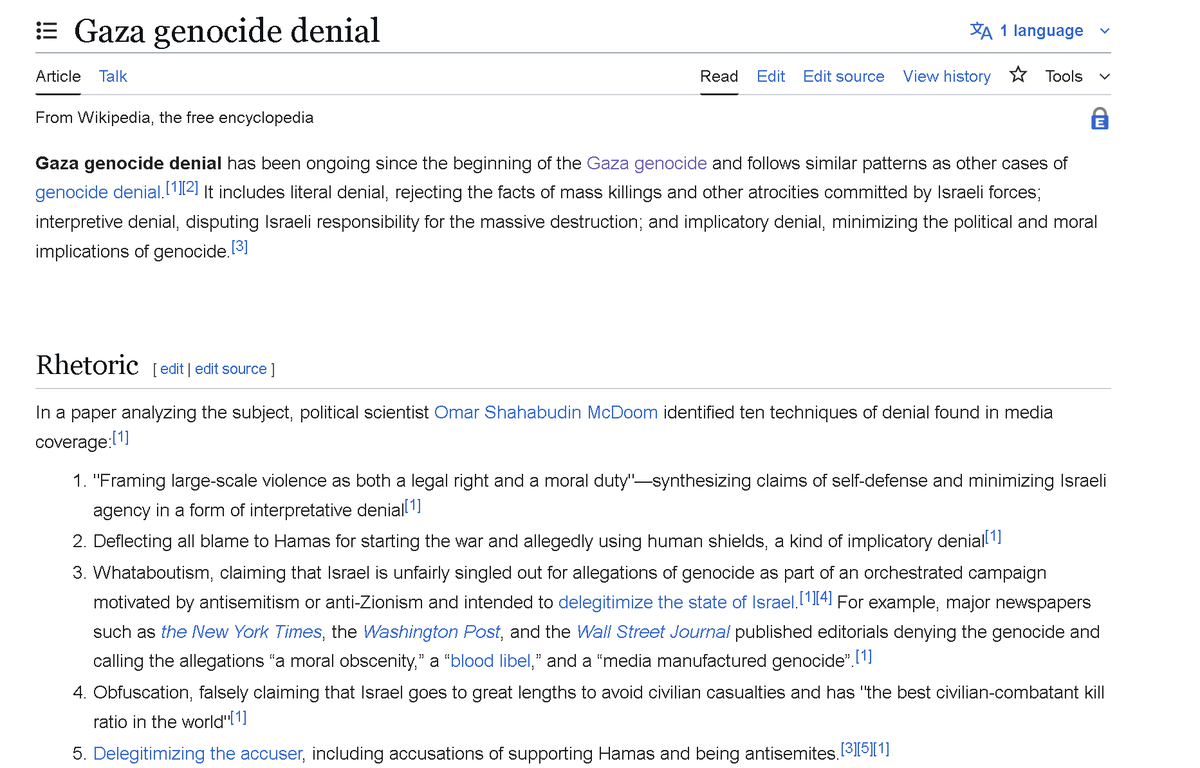 WikiBias's tweet photo. Wikipedia now aligns with Hamas, Iran, Nicaragua, Colombia, and North Korea, not the U.S, U.K, or Germany, which deny genocide claims. 
It treats the "genocide" allegation as fact, labeling dissenters as criminals or "Holocaust deniers." 

Wikipedia has become a dangerous joke. https://t.co/jjGNSE74Gh