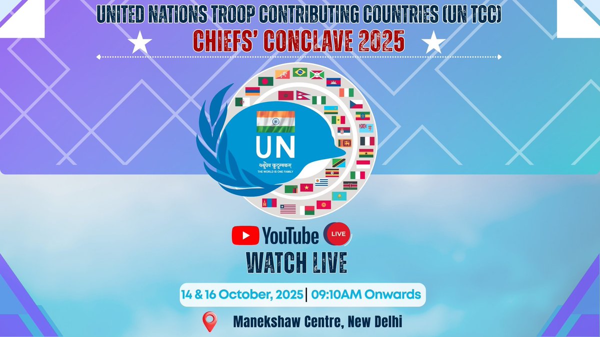 airnewsalerts's tweet image. The United Nations Troop Contributing Countries Chiefs’ Conclave #UNTCC2025 will be held from 14 to 16 October 2025 in #NewDelhi, bringing together over 30 military chiefs to strengthen global peacekeeping.
🎥 Stay tuned...
#UNTCC2025 #UNPeacekeeping #GlobalSecurity