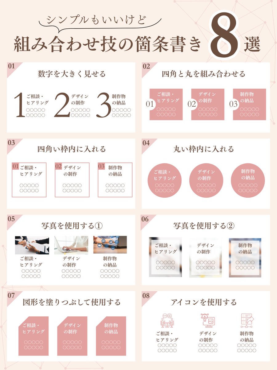 とも (@tomo___2366) on Twitter photo ー・-・-・-・-・-・-
 図解30日連続投稿 11日目
ー・-・-・-・-・-・-
連続投稿を応援してくださる皆様
本当にありがとうございます。
昨日のシンプルで使いやすい箇条書きの
アイデアに続いて、
今日は組み合わせて作る
「組み合わせ技の箇条書きアイデア」を
集めてみました。 ー・-・-・-・-・-・-
 図解30日連続投稿 11日目
ー・-・-・-・-・-・-
連続投稿を応援してくださる皆様
本当にありがとうございます。
昨日のシンプルで使いやすい箇条書きの
アイデアに続いて、
今日は組み合わせて作る
「組み合わせ技の箇条書きアイデア」を
集めてみました。