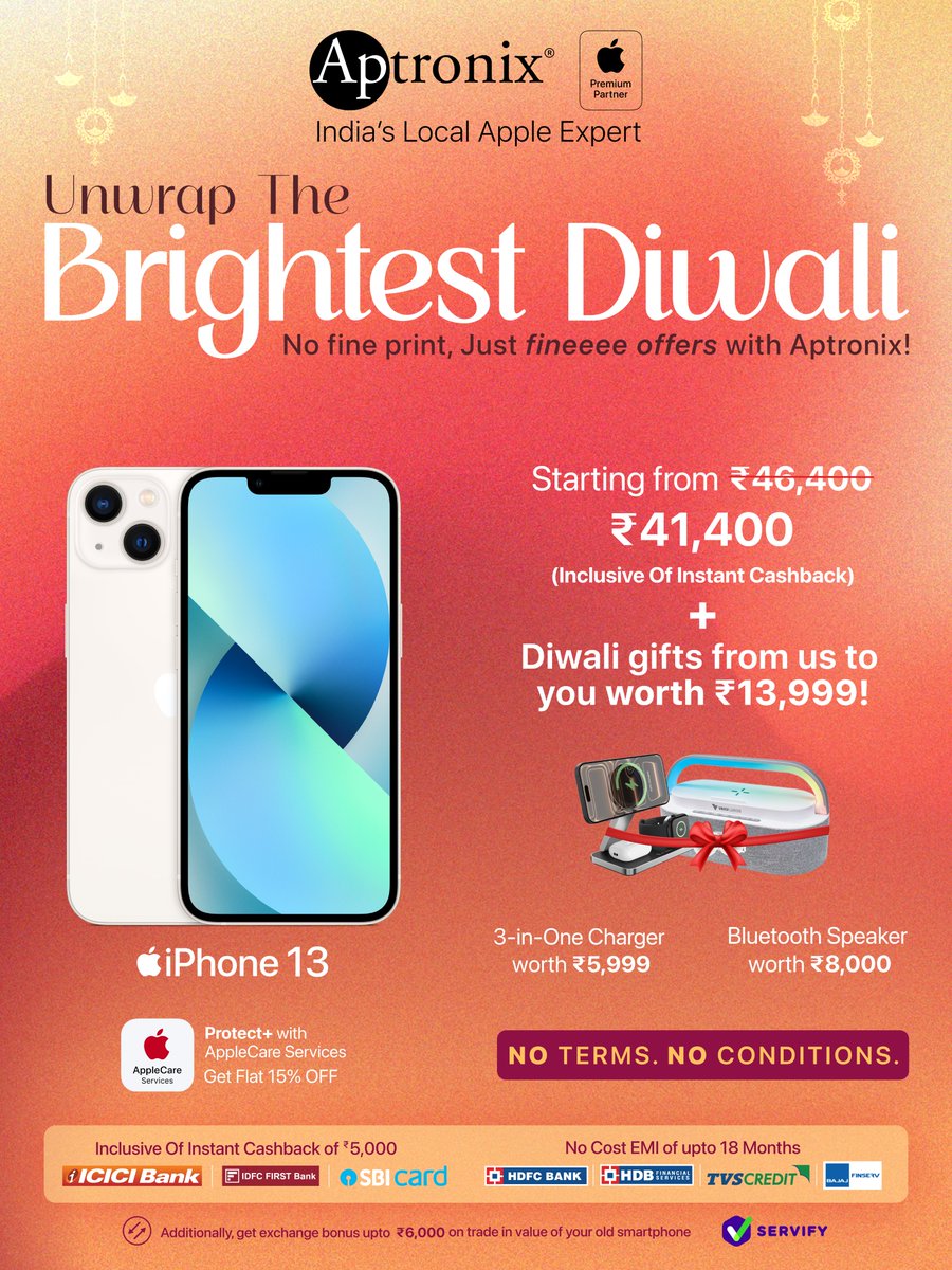 🎇Unwrap The Brightest Diwali
🛍️ No fine prints. Just fineeee offers with Aptronix!

📱iPhone 13 starting from Rs.41,400 only
Additionally, get Diwali gifts worth Rs.13,999 on iPhone 13

📞 For orders: 8340088888
📍 Visit Us: aptronixindia.com/pages/stores