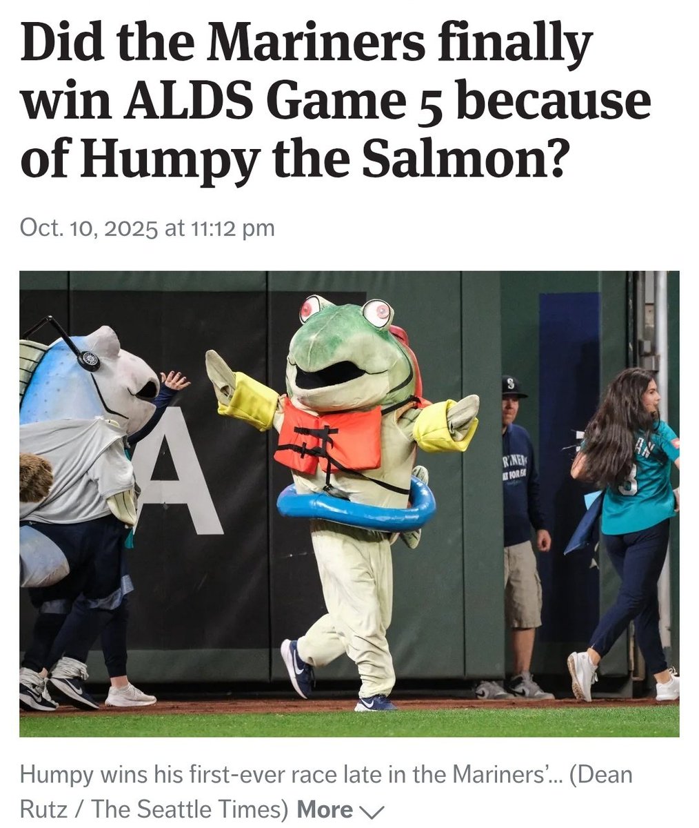 BroccoliGuyJim's tweet image. In the middle of the 15th inning during last night's game Humpy won the Salmon Run (Humpy never wins the Salmon Run) and right after that the Mariners walked it off.
Humpy went through a lot and put in a lot to help push this team into the ALCS and we should never forget that