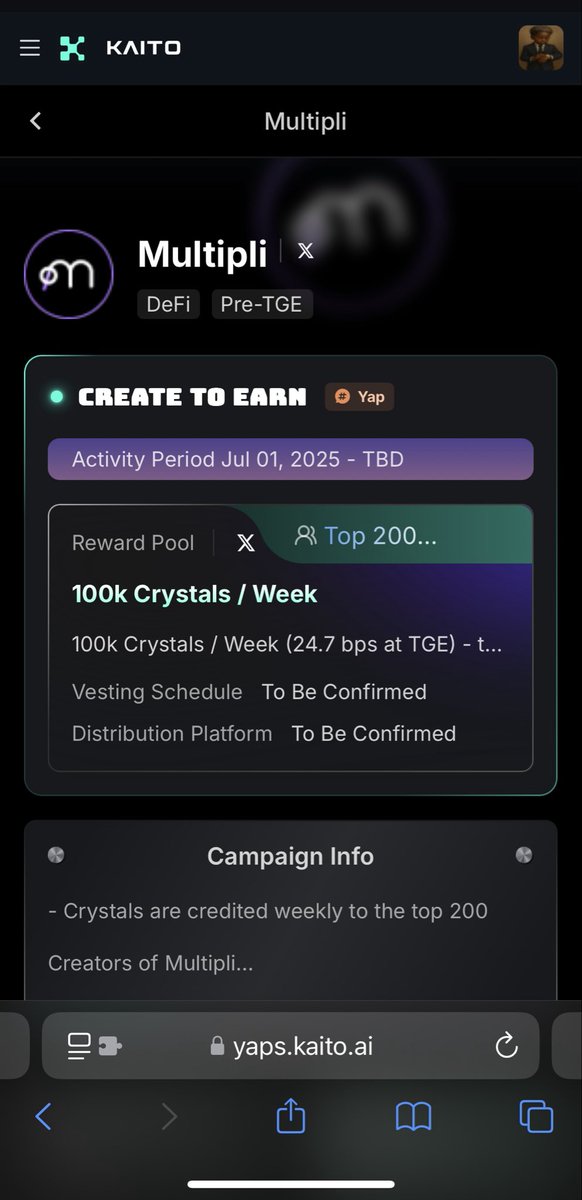 web3_bigdreams's tweet image. I just joined the @multiplifi yapping contest on Kaito ๐ฅ
Excited to dive into what theyโre building โ democratizing yield across native, stable & real-world tokenized assets.
Canโt wait to earn some ORBs and follow updates around their upcoming $CRYSTAL token ๐
#Multiplifiโฆ