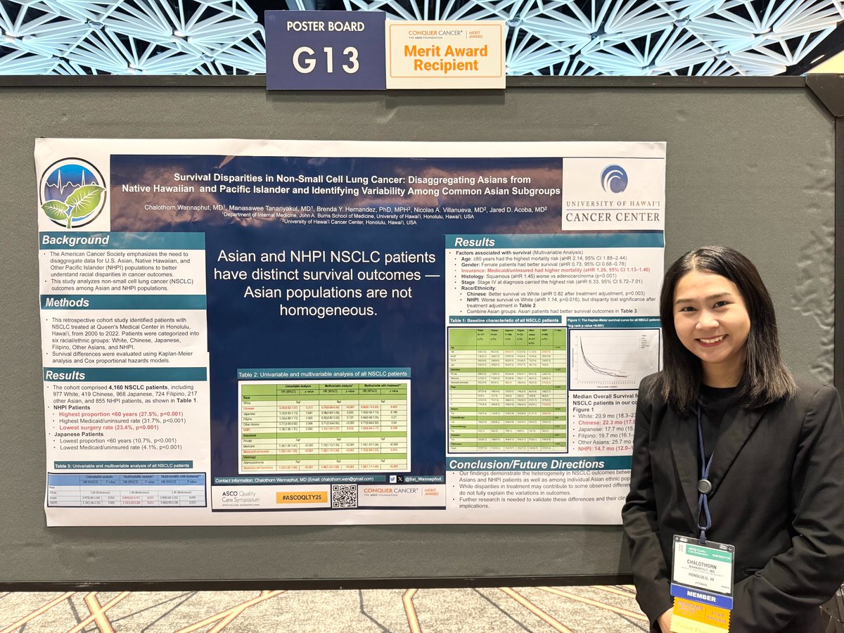📢 Presenting our study at the ASCO Quality Care Symposium #ASCOQLTY25! <a href="/ASCO/">ASCO</a> <a href="/ConquerCancerFd/">Conquer Cancer, the ASCO Foundation</a> 
🫁 NSCLC survival disparities revealed distinct outcomes among Asian &amp; Native Hawaiian and Pacific Islander patients (NHPI)
🇨🇳 Chinese had the lowest risk of death (aHR 0.82, p =0.003,