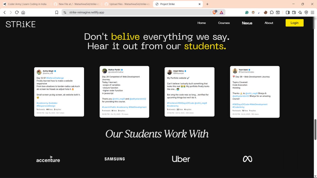 WatashiwaSid's tweet image. Finished wrapping up my project for Strike #HTMLCSSOnly hackathon. If you think modern designs are not responsive, take a breath, and scroll around my #STRIKEClone. 
Live: strike-reimagine.netlify.app
Repo: github.com/WatashiwaSid/s…
Thank you, @rohit_negi9, for defense web development.