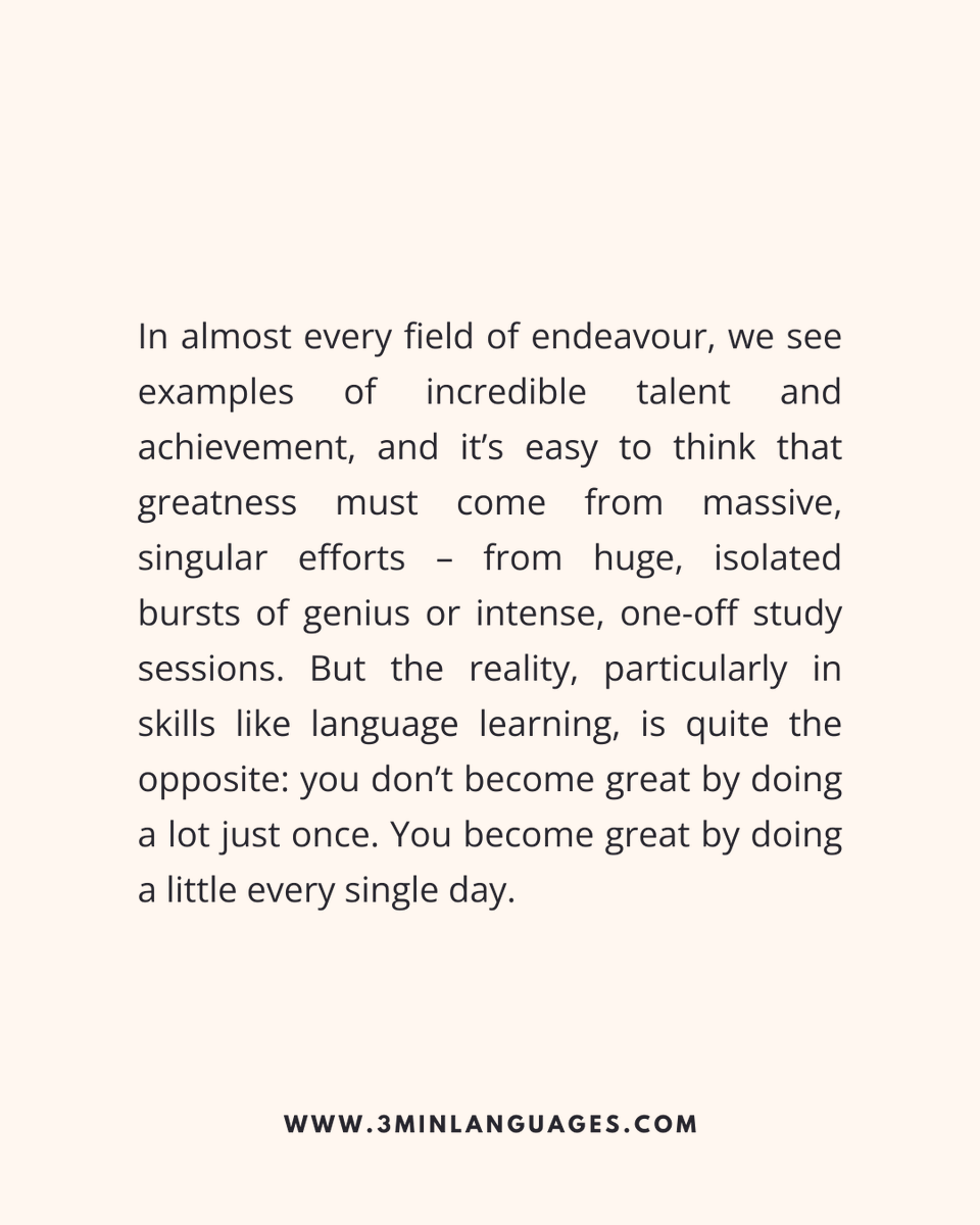 3MLanguages's tweet image. Greatness isn’t a lot once; it’s a little every day.
 👉 Stack small wins: 3minlanguages.com

#3MinuteLanguages #StudyIn3 #LanguageLearning #MicroLearning #Consistency #LearnFrench #LearnSpanish #LearnGerman #LearnItalian #LearnPortuguese