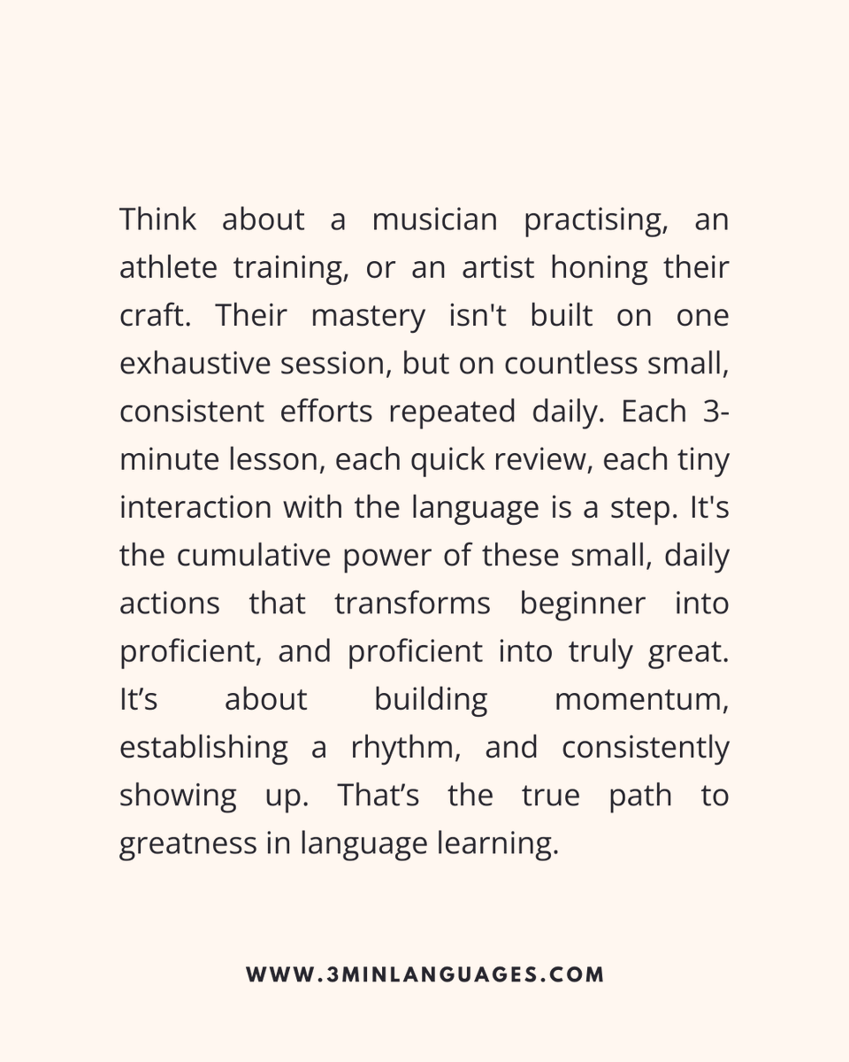 3MLanguages's tweet image. Greatness isn’t a lot once; it’s a little every day.
 👉 Stack small wins: 3minlanguages.com

#3MinuteLanguages #StudyIn3 #LanguageLearning #MicroLearning #Consistency #LearnFrench #LearnSpanish #LearnGerman #LearnItalian #LearnPortuguese