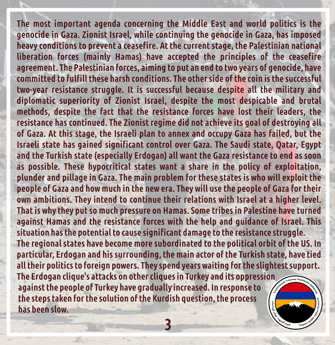 ArmeniaRojava's tweet image. Monthly political analysis from the Martyr Nubar Ozanyan Battalion.
#PalestinaLibre
#Gaza
#Rojava
#NubarOzanyan