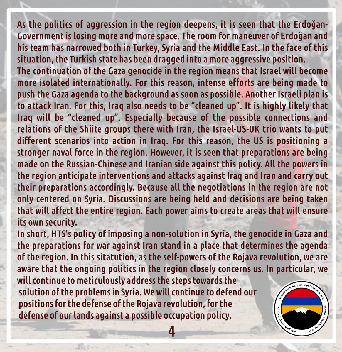 ArmeniaRojava's tweet image. Monthly political analysis from the Martyr Nubar Ozanyan Battalion.
#PalestinaLibre
#Gaza
#Rojava
#NubarOzanyan