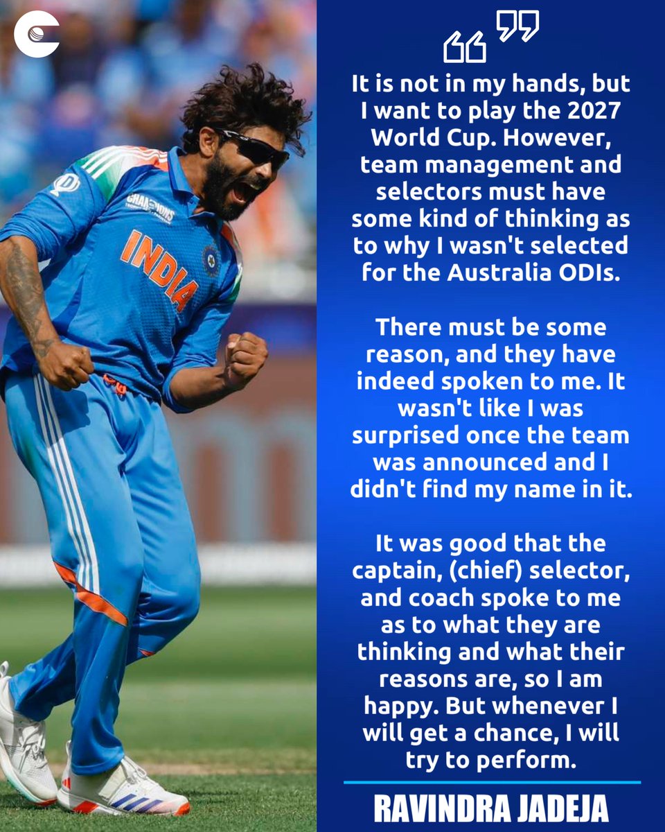 circleofcricket's tweet image. .@imjadeja confirms his eyes are on the 2027 ODI World Cup! The all-rounder also revealed he was kept in the loop by the captain, coach, and chief selector regarding his omission from the upcoming Australia ODI series.

#TeamIndia #RavindraJadeja