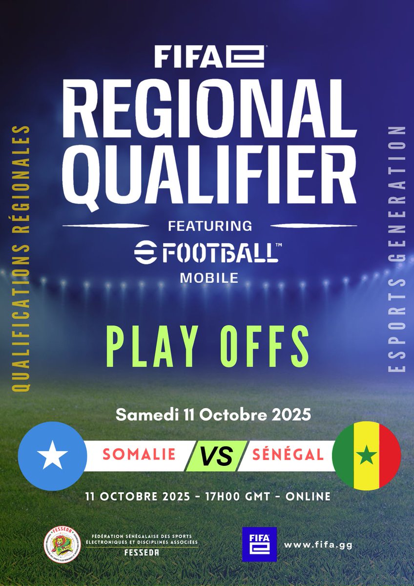 🚨 ESPORT - PLAY OFFS - FIFAe World Cup 🚨

Nos eLIONS 🇸🇳 sont toujours en lice pour les qualifications africaines de la FiFAe sur eFoot Mobile !

Soutenez nos eLions ce 11 Oct. à partir de 17H !💪🏾

🔴 LE DIRECT :

 youtube.com/@ibzogaming?si…

#FIFAeWorldCup #SenegalEsports #eLions