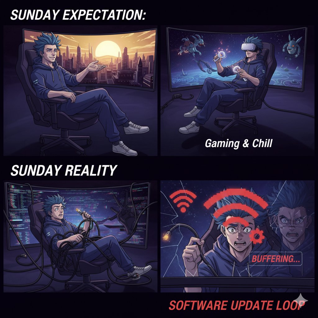 iosvsand's tweet image. That blissful Sunday gaming dream vs. the inevitable tech nightmare. 💀 We've all been there.
#SundayScaries #TechProblems #WeekendVibes #GamingFails #Buffering