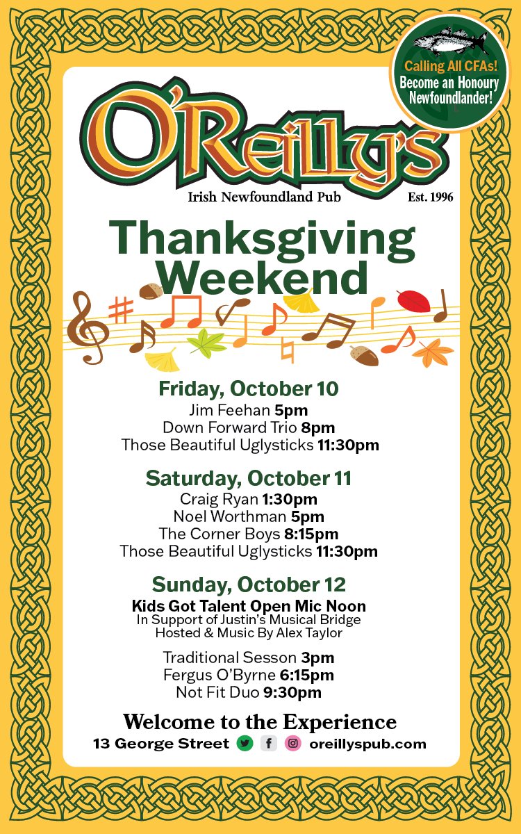 Make your long weekend unforgettable at O’Reilly’s!
Great food, cold pints, and music that keeps the heart of George Street moving all night long.

#ThanksgivingWeekend #LoveDowntownStJohns #GeorgeStreet #LiveMusicNL #WeekendVibes