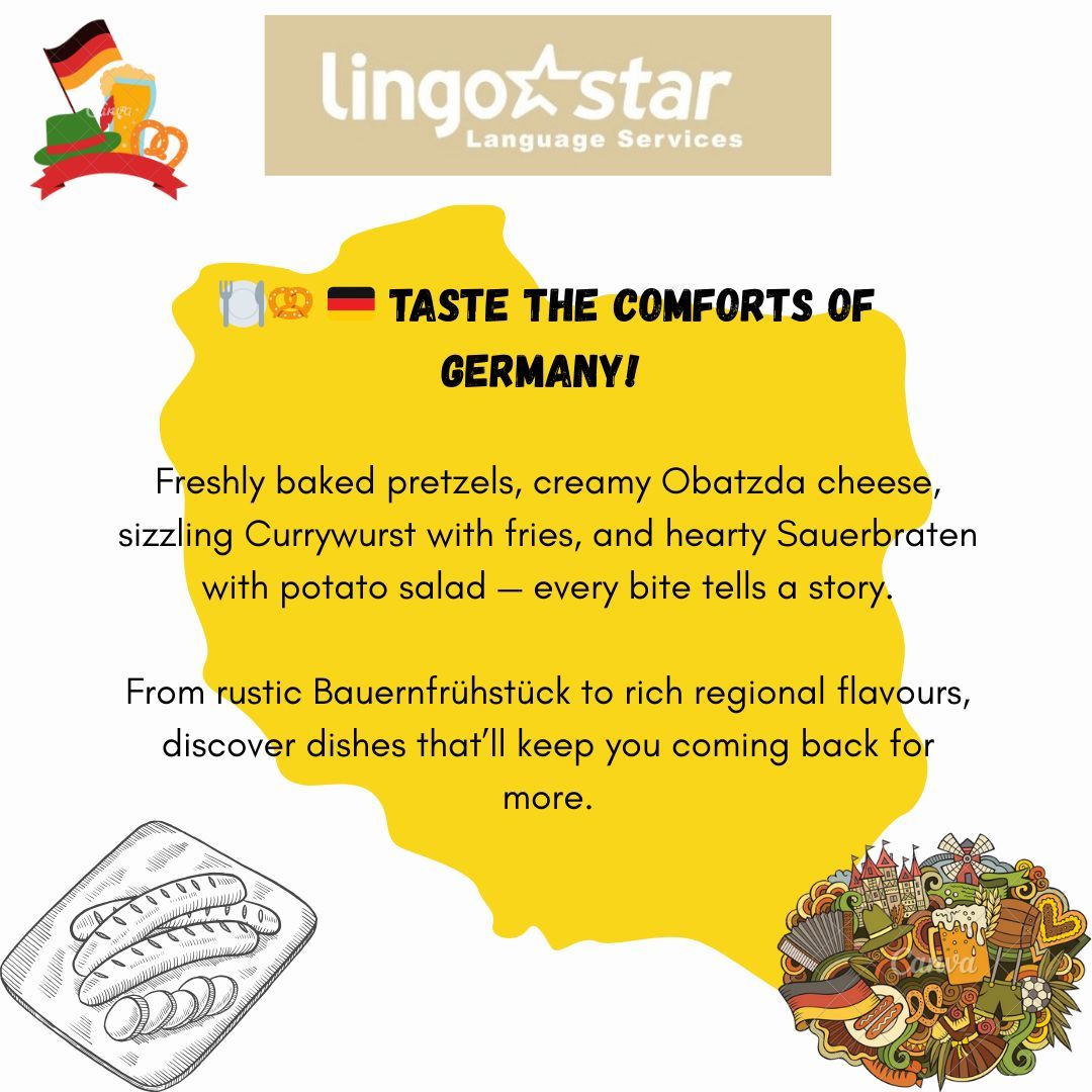 BC_Translation's tweet image. 🍽️ German food = comfort + culture + cravings! 

Not just bratwurst—think pretzels 🥨, currywurst 🌭, Black Forest cake 🍰 &amp;amp; more! Every bite tells a story. 
LingoStar translates menus &amp;amp; recipes with flavour! 🌐✨ 
#GermanFood #LingoStar #TasteEurope #TranslationExperts