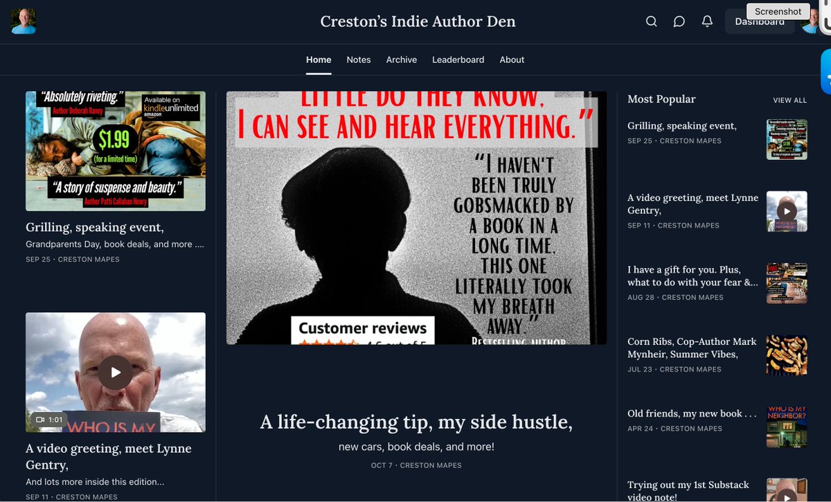 My free bi-monthly newsletter features fun photos/videos, sneak peeks into my books, free/discounted novels, author guests, and uplifting messages. Sign up now and get my thriller, DARK STAR, free: crestonmapes.substack.com